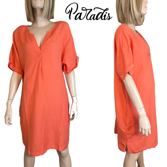 Paradis Linen & Rayon Dress Tunic Style Short sleeve Hip Pockets Versatile Peach - Picture 1 of 15